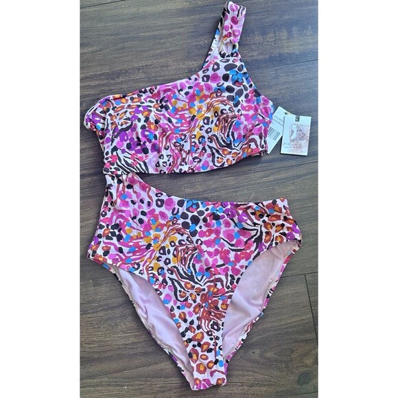 Jessica Simpson Women's Abstract-Print One-Shoulder Swimsuit Pink Multicolor L - Picture 3 of 8